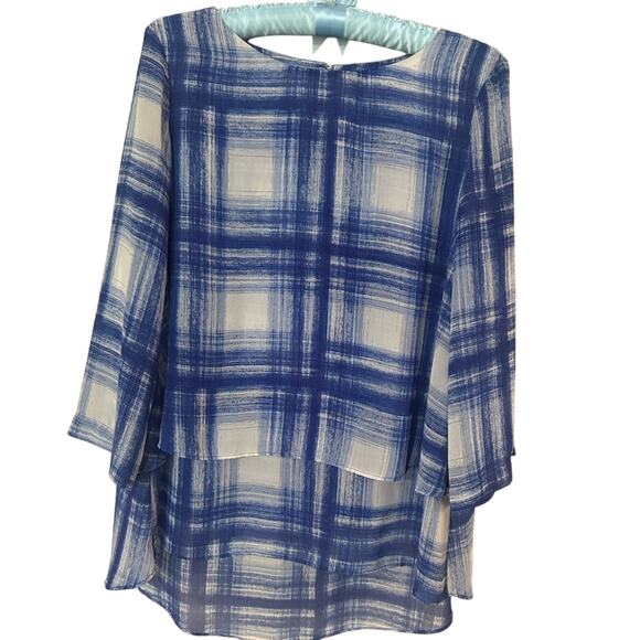 Chaus- Flowy Blouse- Blue Gingham abstract- layered - size Medium - sheer arms - Picture 1 of 9